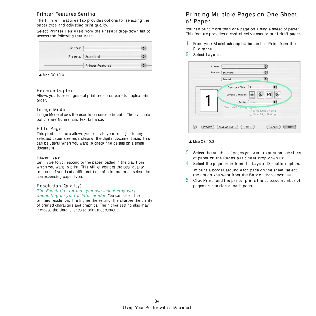 Samsung ML-3050 manual Printing Multiple Pages on One Sheet of Paper, Printer Features Setting, Reverse Duplex, Fit to 