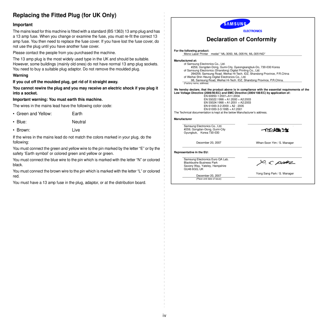 Samsung ML-3051ND manual Replacing the Fitted Plug for UK Only 