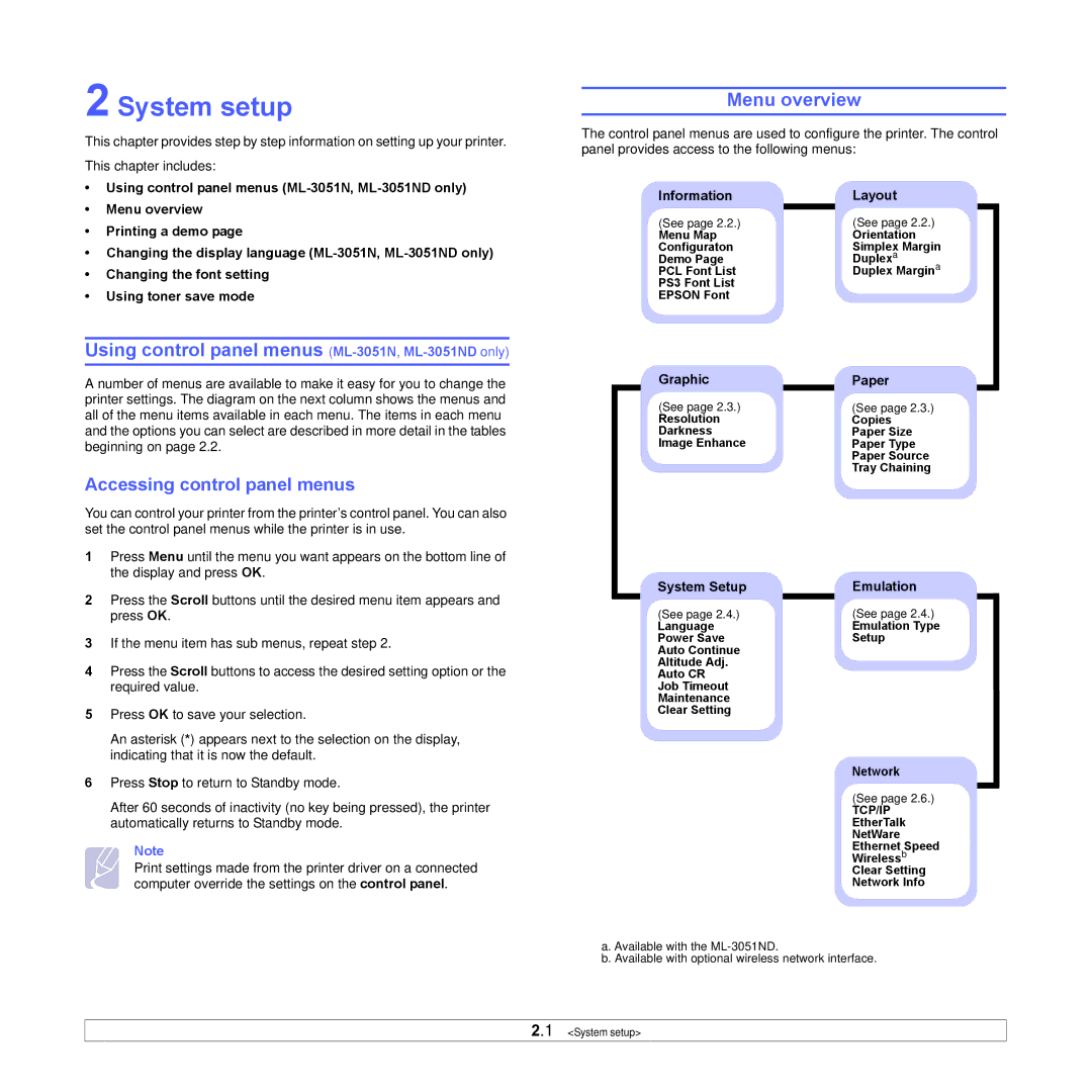 Samsung System setup, Using control panel menus ML-3051N,ML-3051NDonly, Menu overview, Accessing control panel menus 