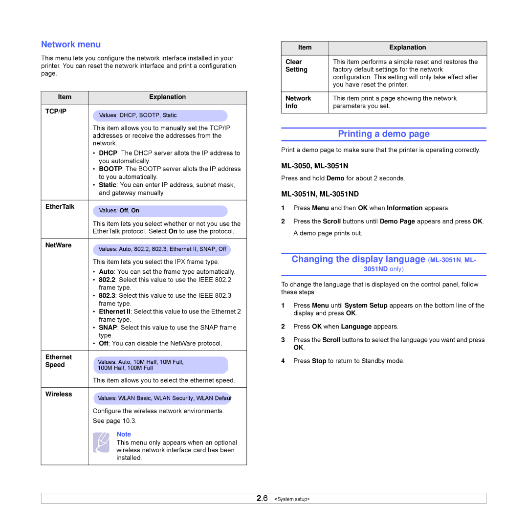 Samsung ML-3051ND manual Printing a demo, Changing the display language ML-3051N,ML, Network menu, ML-3050, ML-3051N 