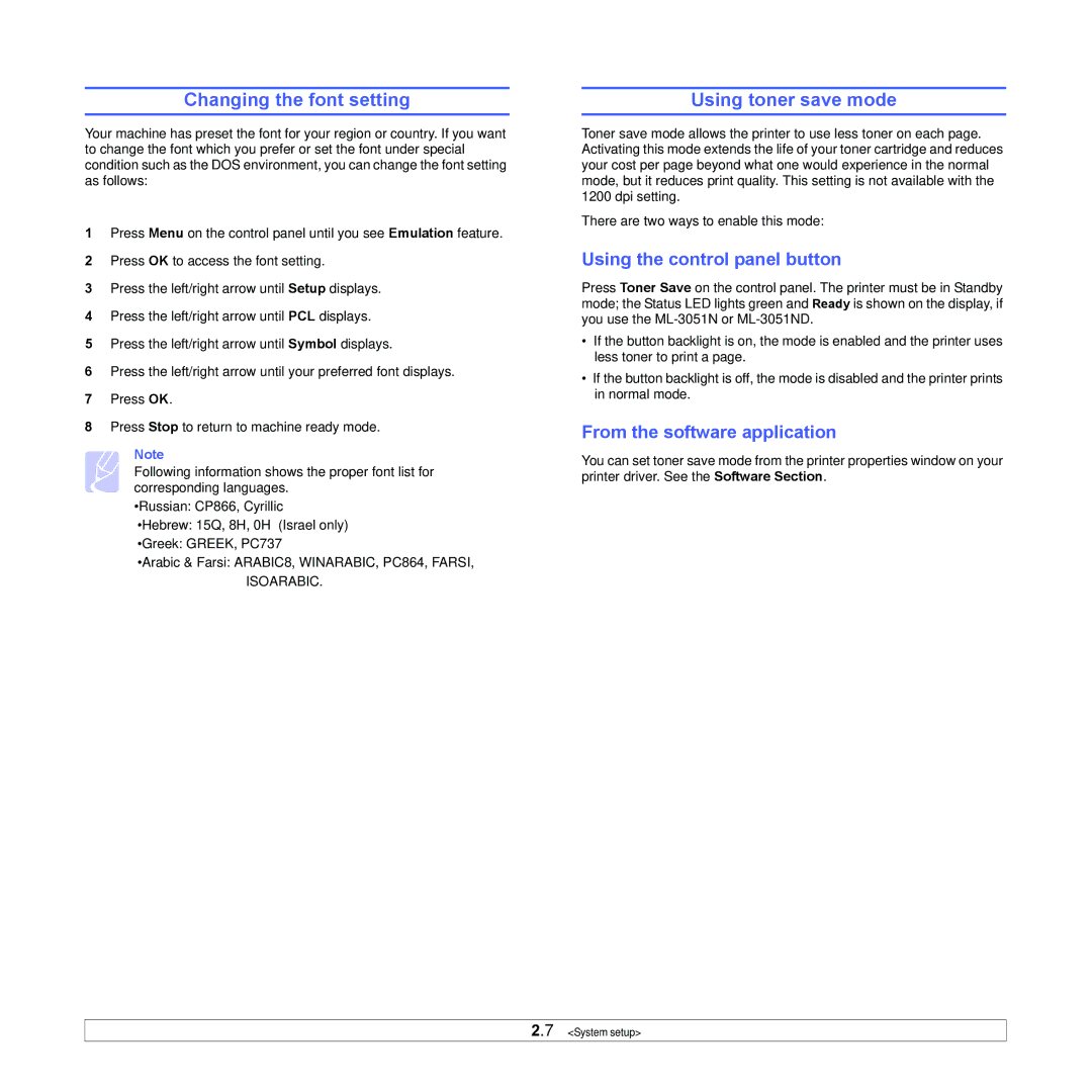 Samsung ML-3051ND manual Changing the font setting, Using toner save mode, Using the control panel button 