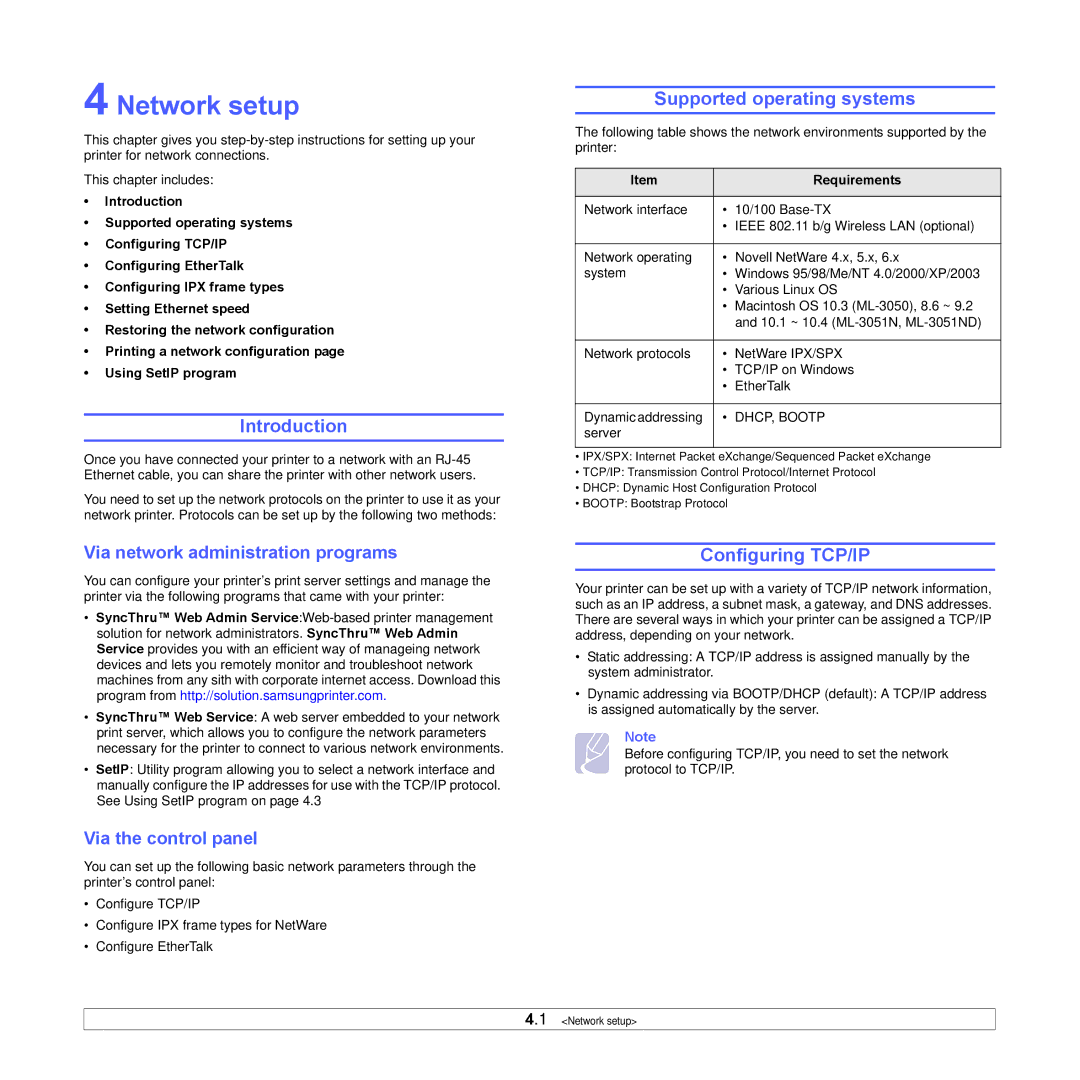 Samsung ML-3051N manual Network setup, Supported operating systems, Configuring TCP/IP, Via network administration programs 