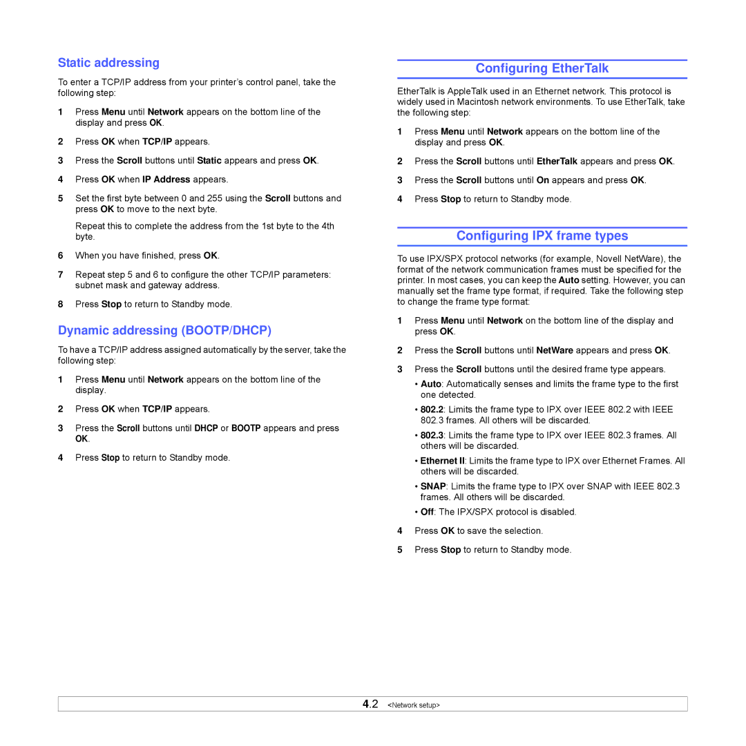 Samsung ML-3051ND Configuring EtherTalk, Configuring IPX frame types, Static addressing, Dynamic addressing BOOTP/DHCP 