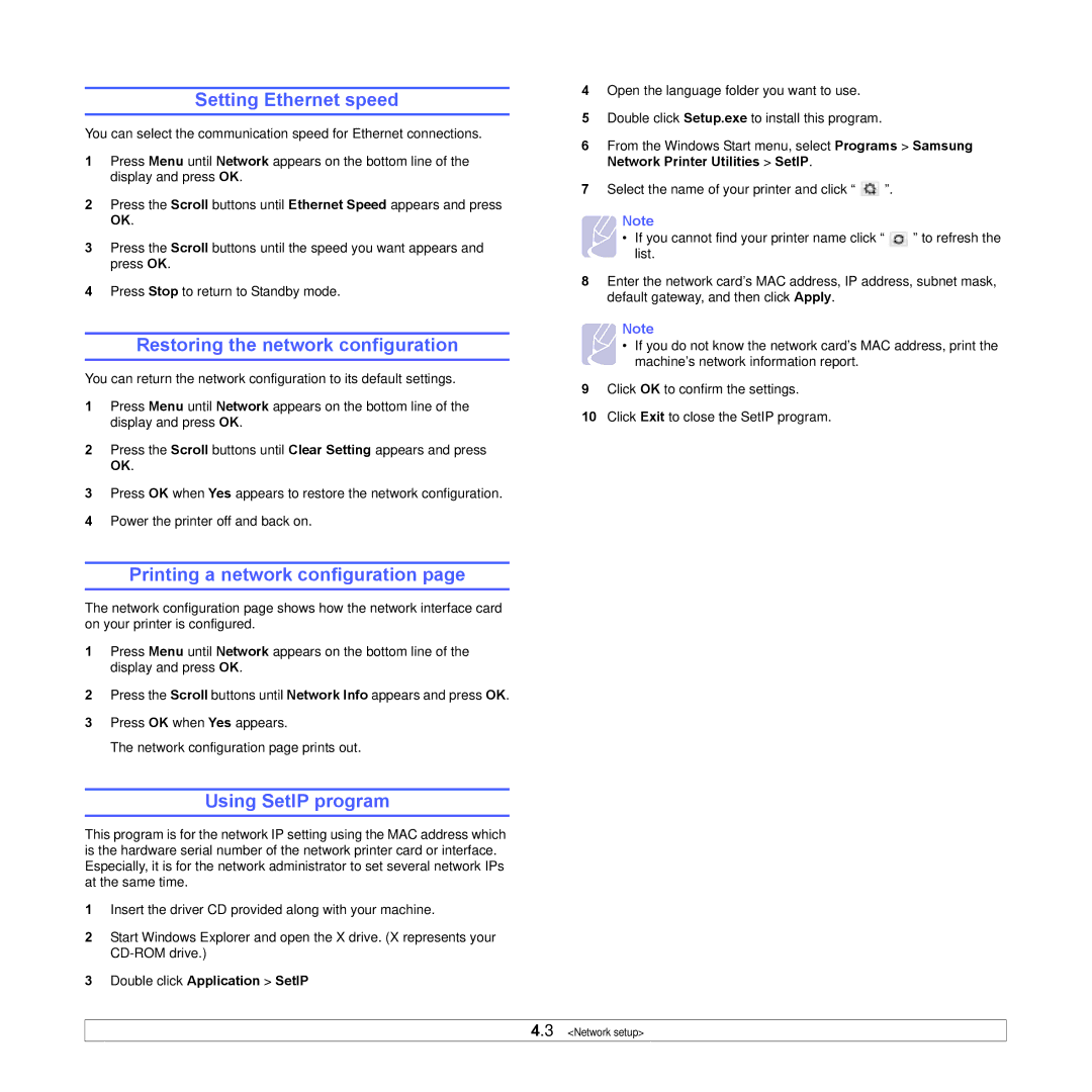 Samsung ML-3051ND manual Setting Ethernet speed, Restoring the network configuration, Printing a network configuration 