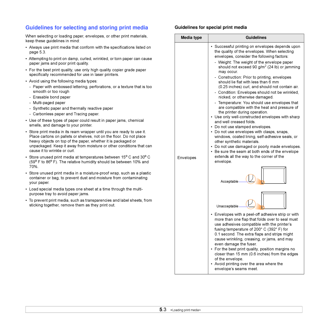 Samsung ML-3051ND manual Guidelines for selecting and storing print media, Guidelines for special print media 