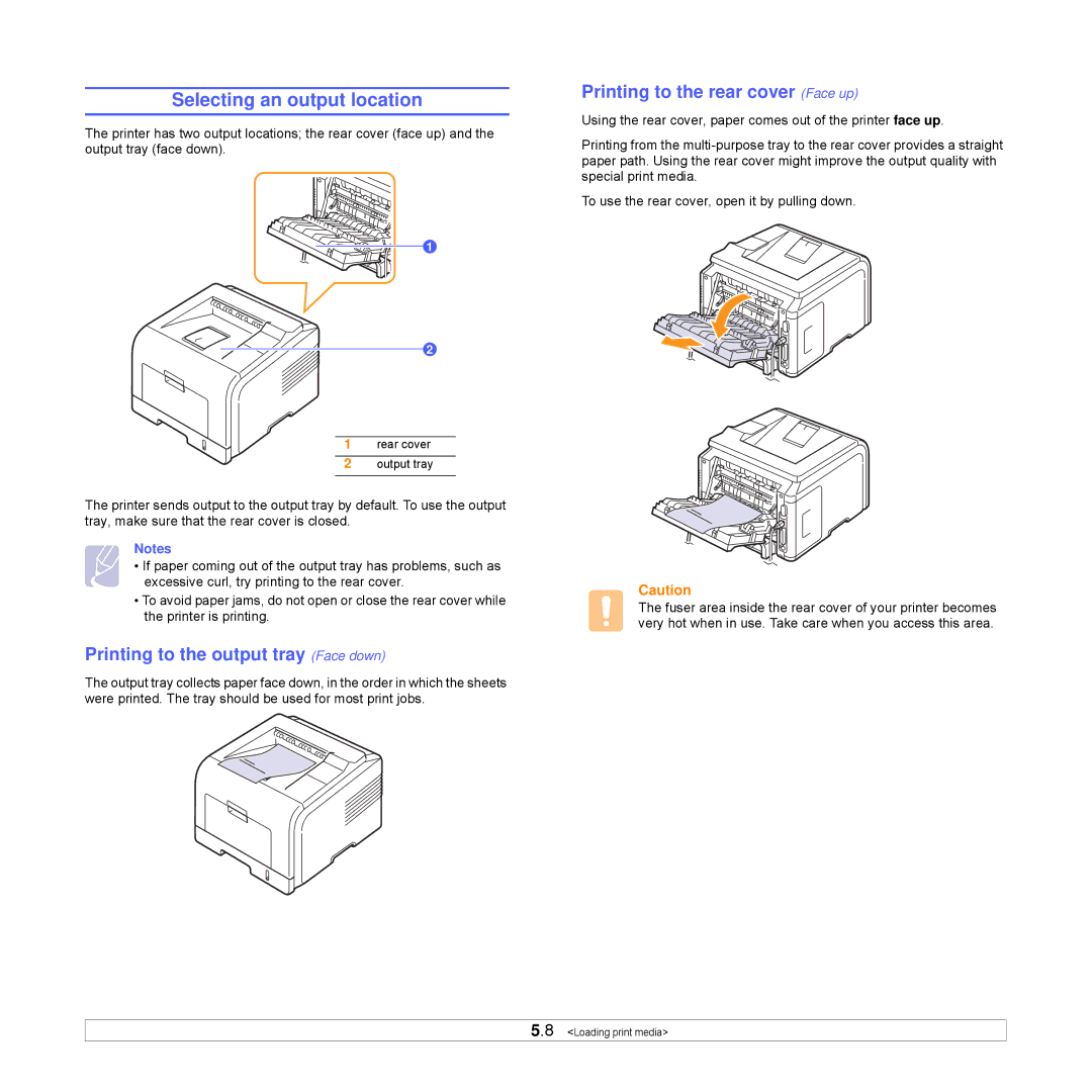 Samsung ML-3051N Selecting an output location, Printing to the output tray Face down, Printing to the rear cover Face up 