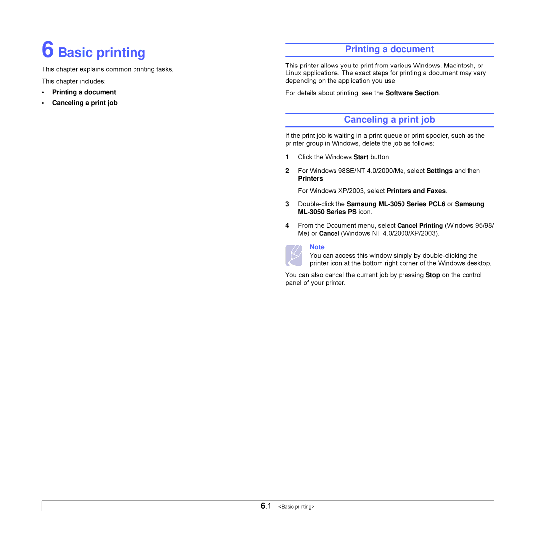 Samsung ML-3051ND manual Basic printing, Printing a document Canceling a print job 