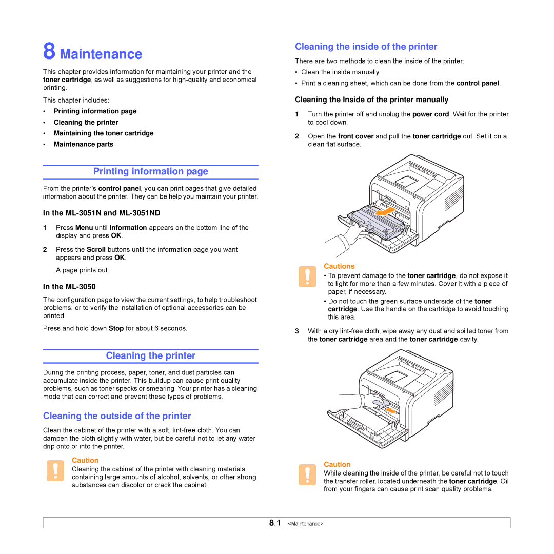 Samsung ML-3051ND manual Maintenance, Printing information, Cleaning the printer, Cleaning the outside of the printer 