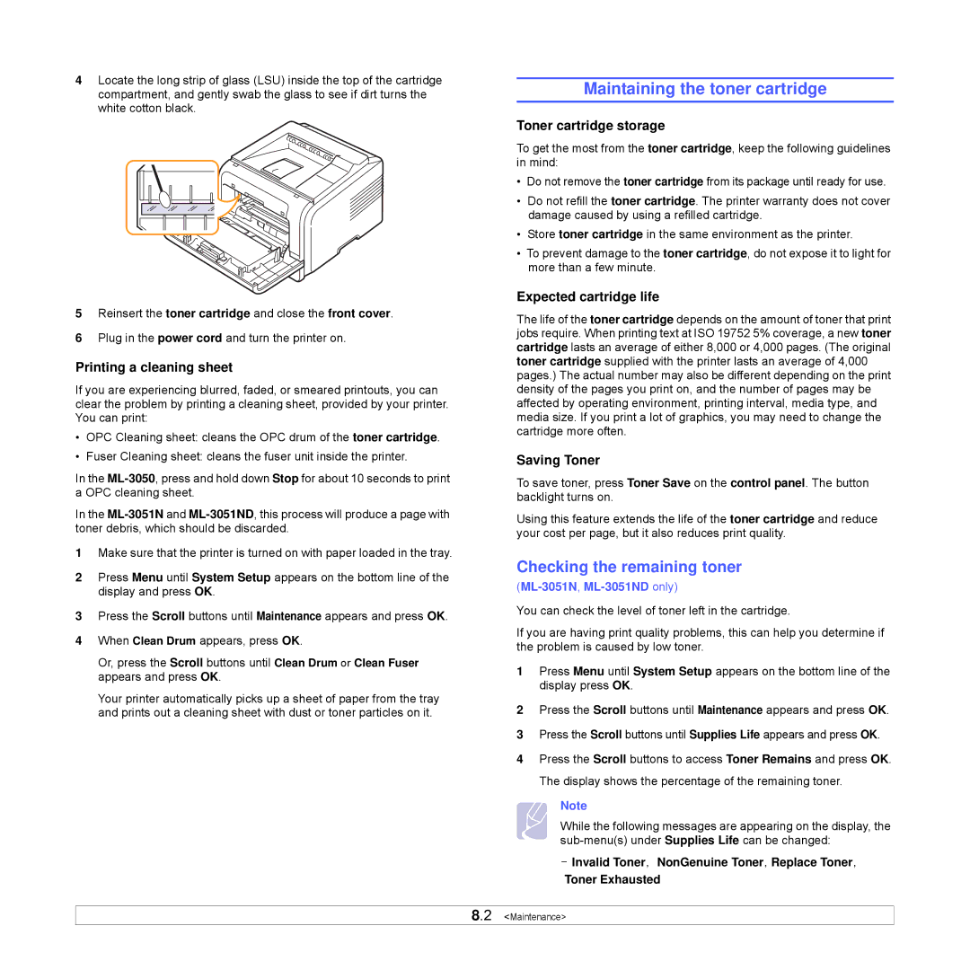 Samsung ML-3051ND manual Maintaining the toner cartridge, Checking the remaining toner 