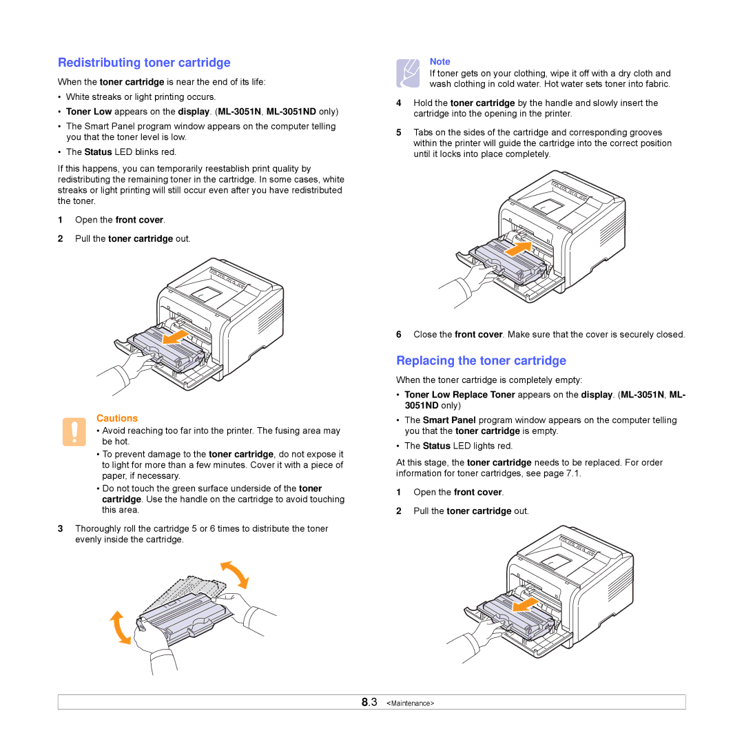 Samsung ML-3051ND manual Redistributing toner cartridge, Replacing the toner cartridge 