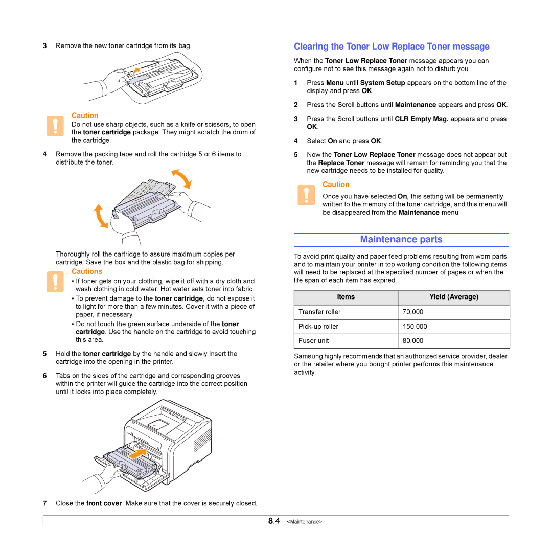 Samsung ML-3051ND manual Maintenance parts, Clearing the Toner Low Replace Toner message, Items Yield Average 