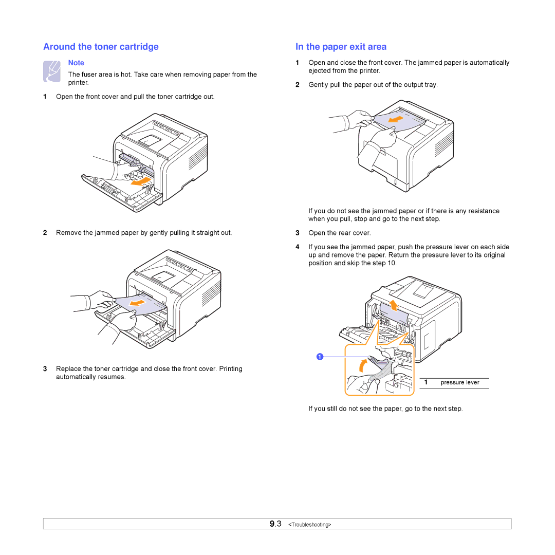 Samsung ML-3051ND manual Around the toner cartridge, Paper exit area 