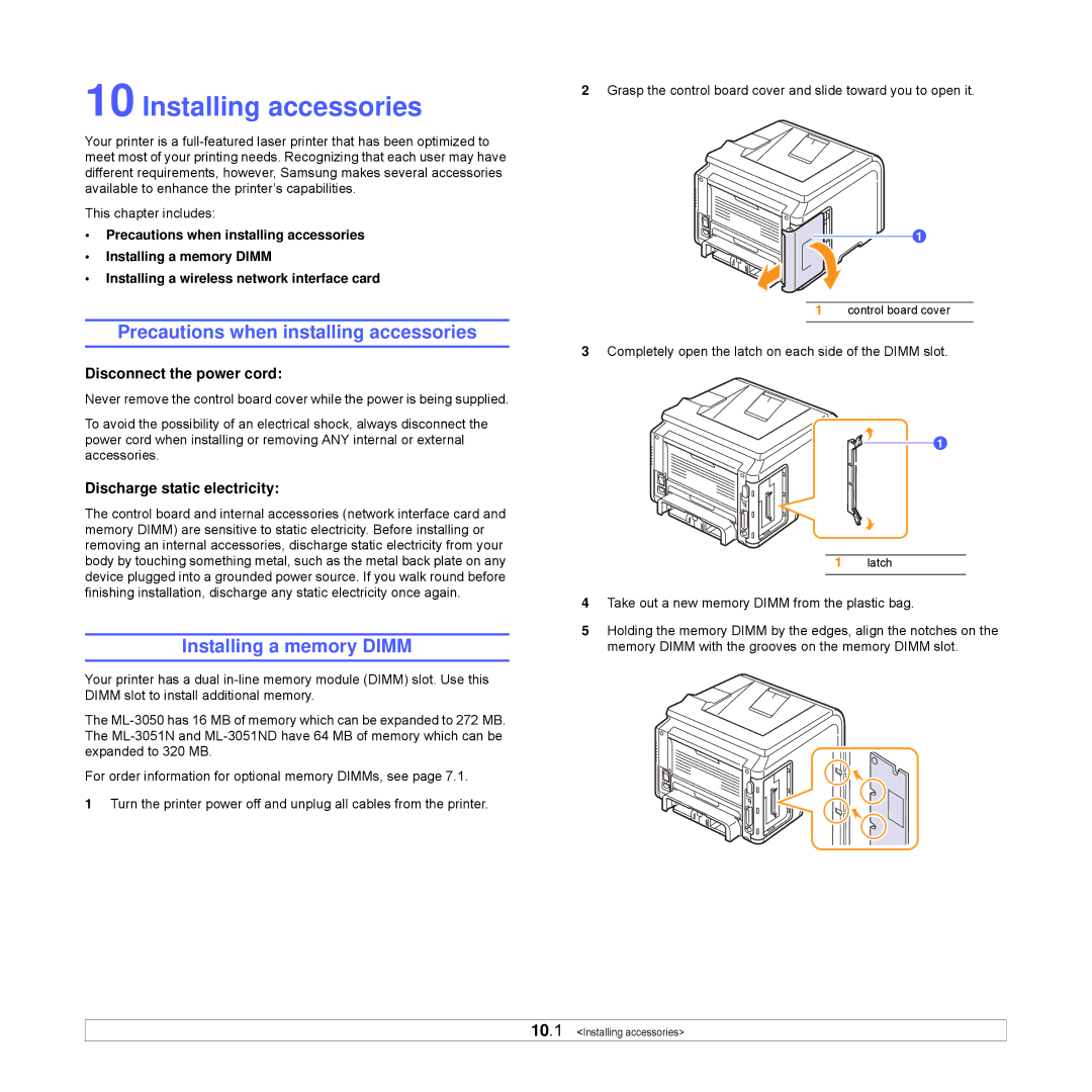 Samsung ML-3051ND manual Installing accessories, Precautions when installing accessories, Installing a memory Dimm 