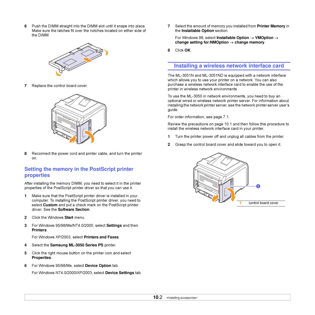 Samsung ML-3051N Installing a wireless network interface card, Setting the memory in the PostScript printer properties 