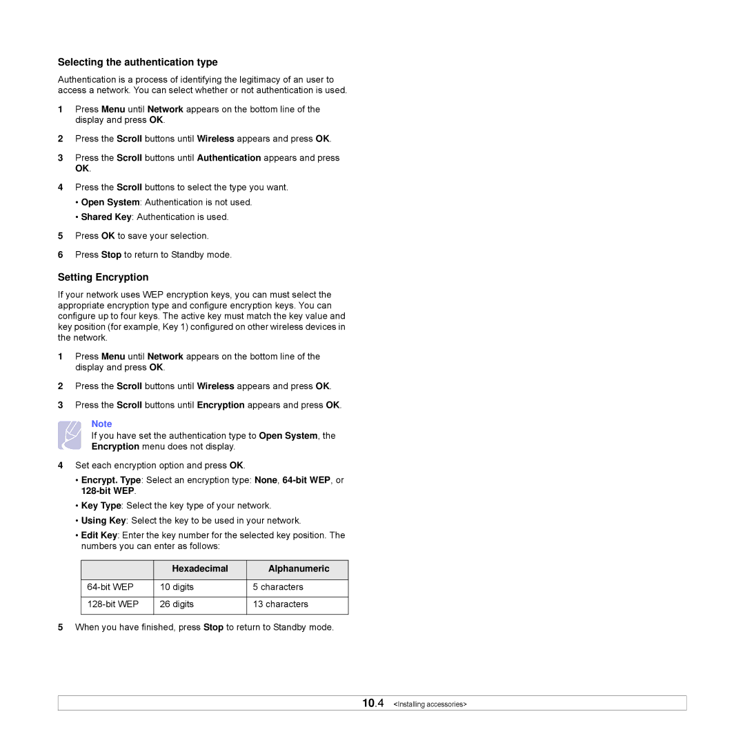 Samsung ML-3051ND manual Selecting the authentication type, Setting Encryption, Hexadecimal Alphanumeric 