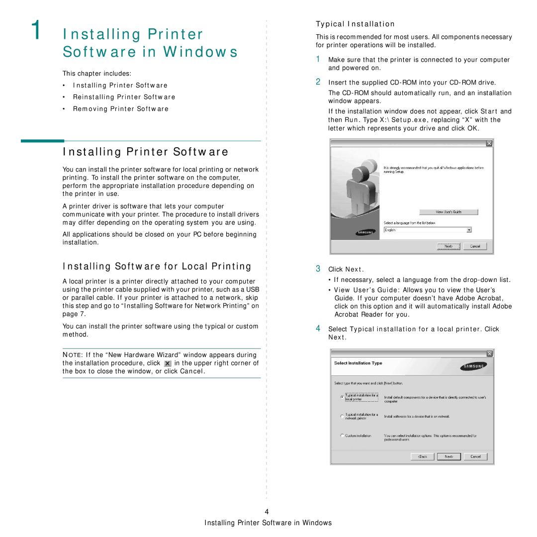 Samsung ML-3051ND manual Installing Printer Software, Installing Software for Local Printing, Typical Installation 