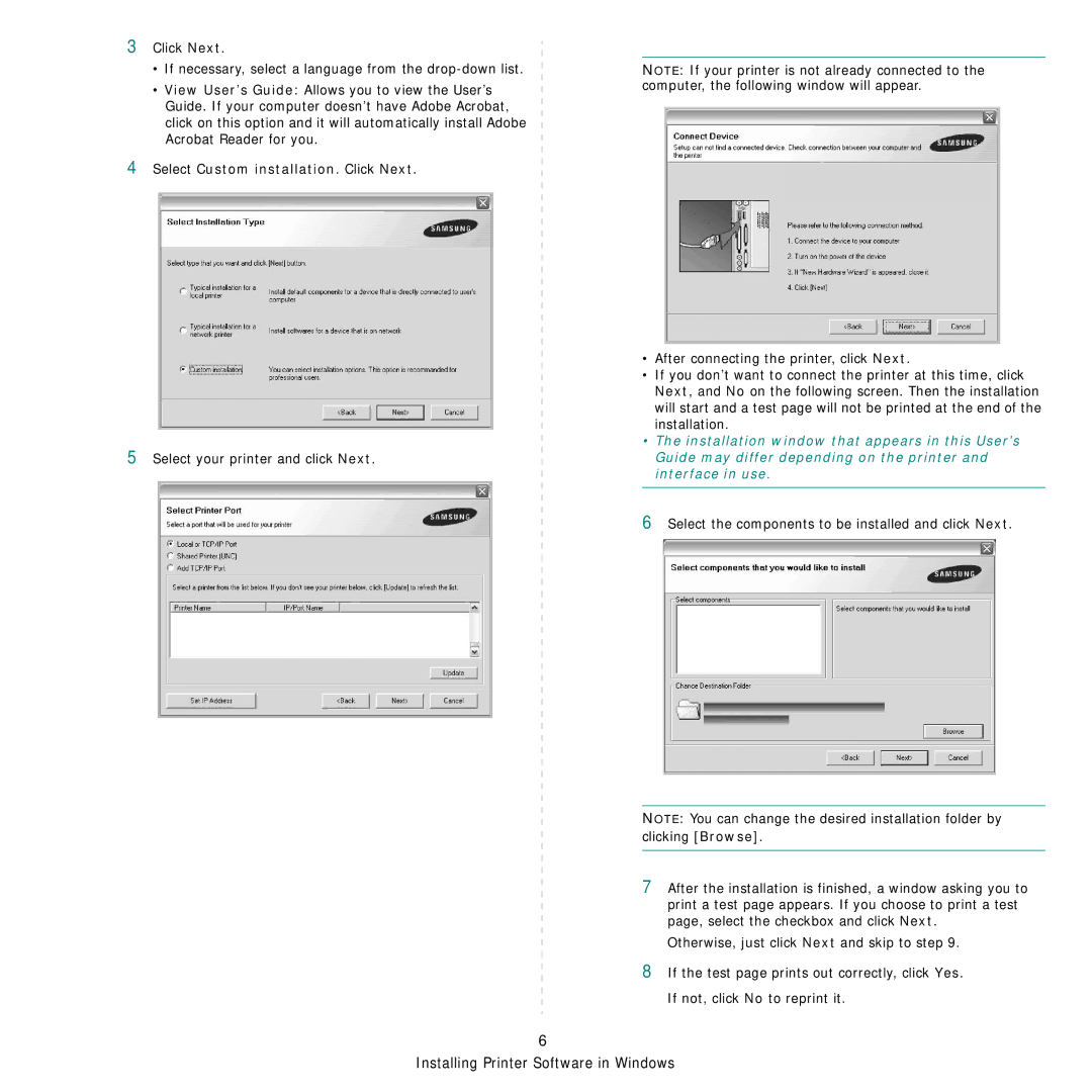 Samsung ML-3051ND manual Select Custom installation. Click Next, Select the components to be installed and click Next 