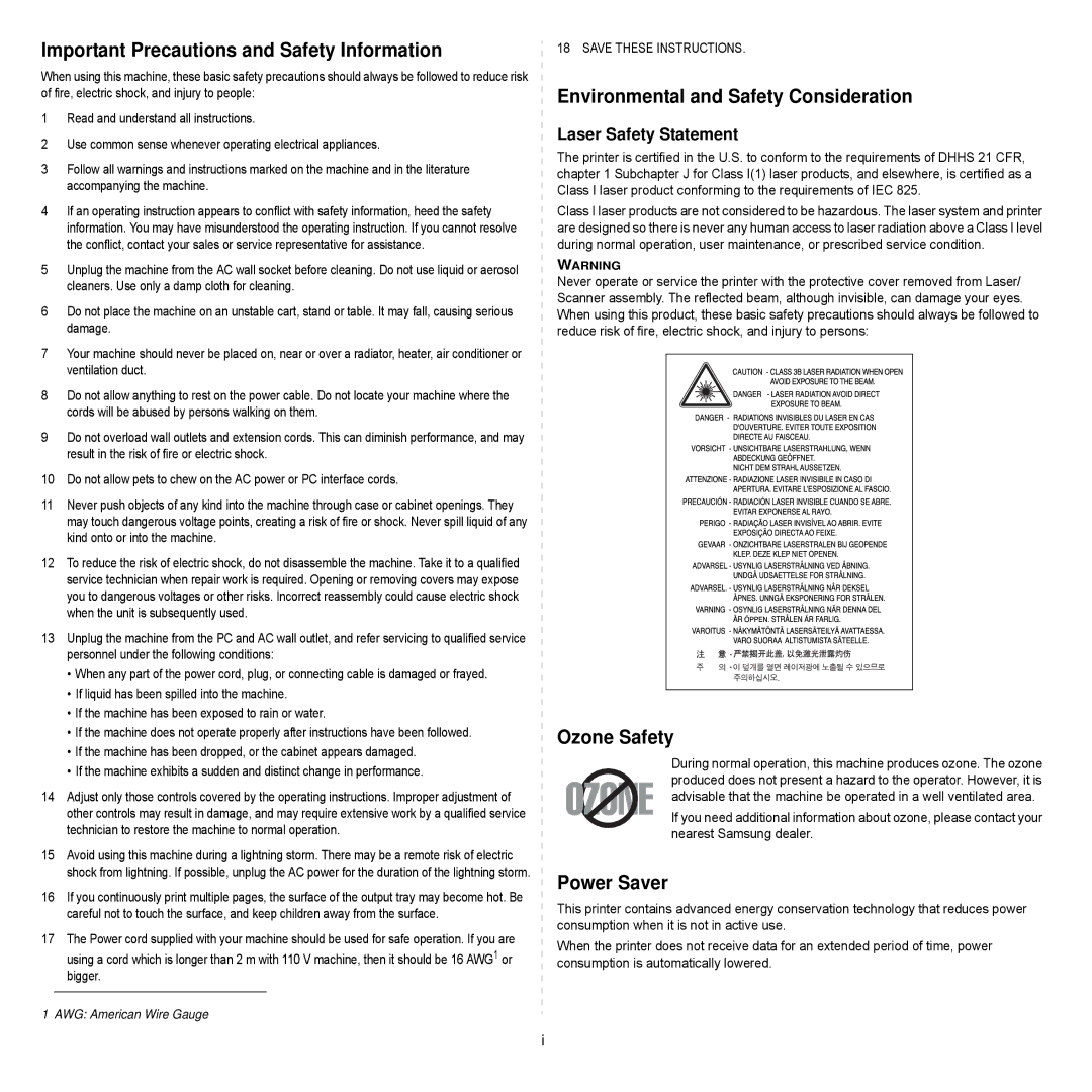 Samsung ML-3051ND manual Important Precautions and Safety Information 