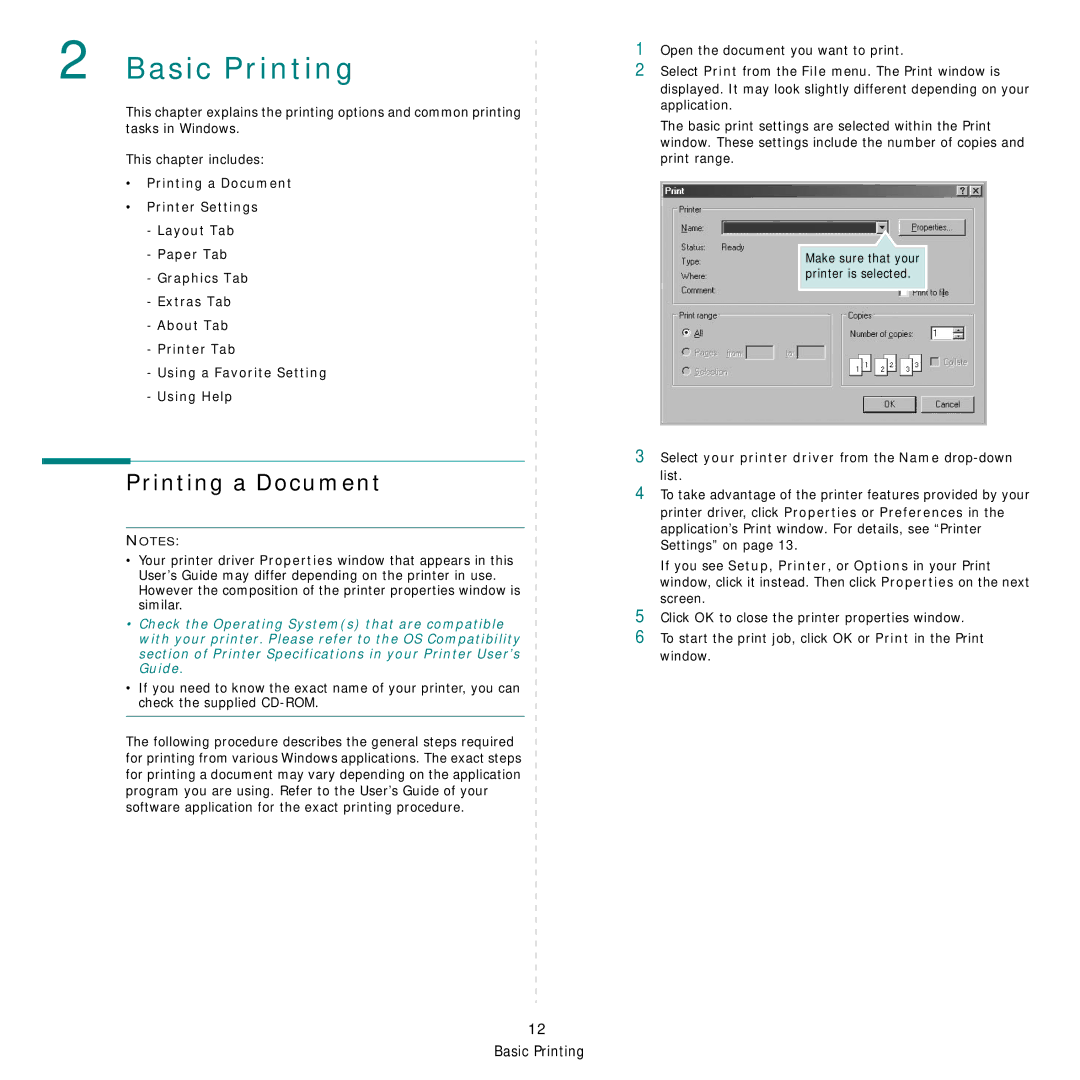 Samsung ML-3051ND manual Printing a Document, Select your printer driver from the Name drop-down list 