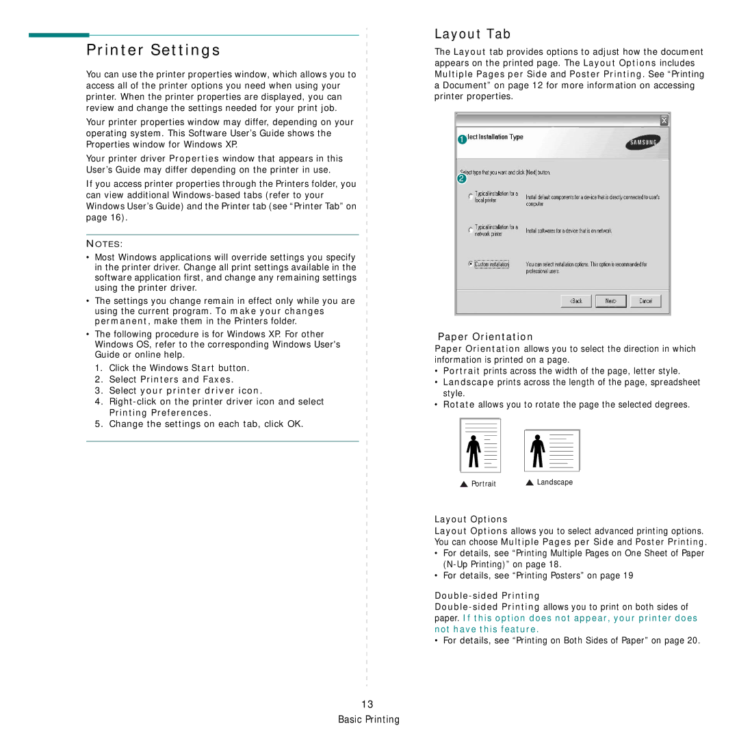 Samsung ML-3051ND manual Printer Settings, Layout Tab, Paper Orientation 