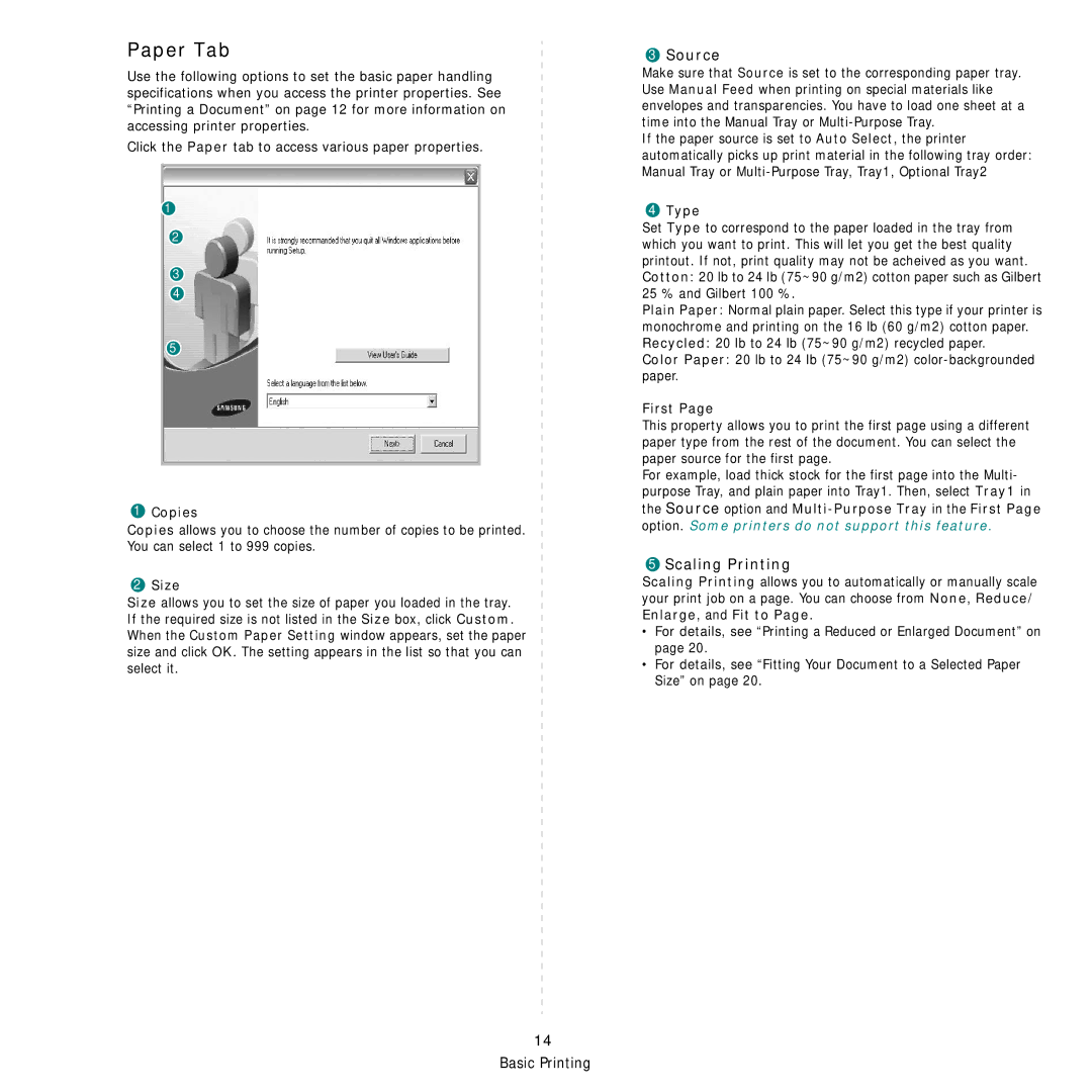 Samsung ML-3051ND manual Paper Tab, Source, Scaling Printing 