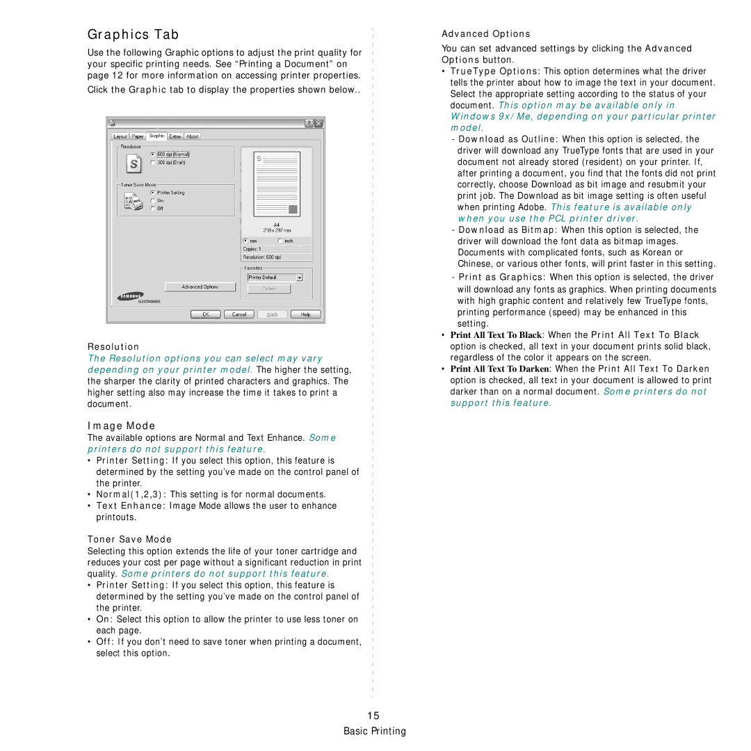 Samsung ML-3051ND manual Graphics Tab, Image Mode, Resolution, Toner Save Mode, Advanced Options 