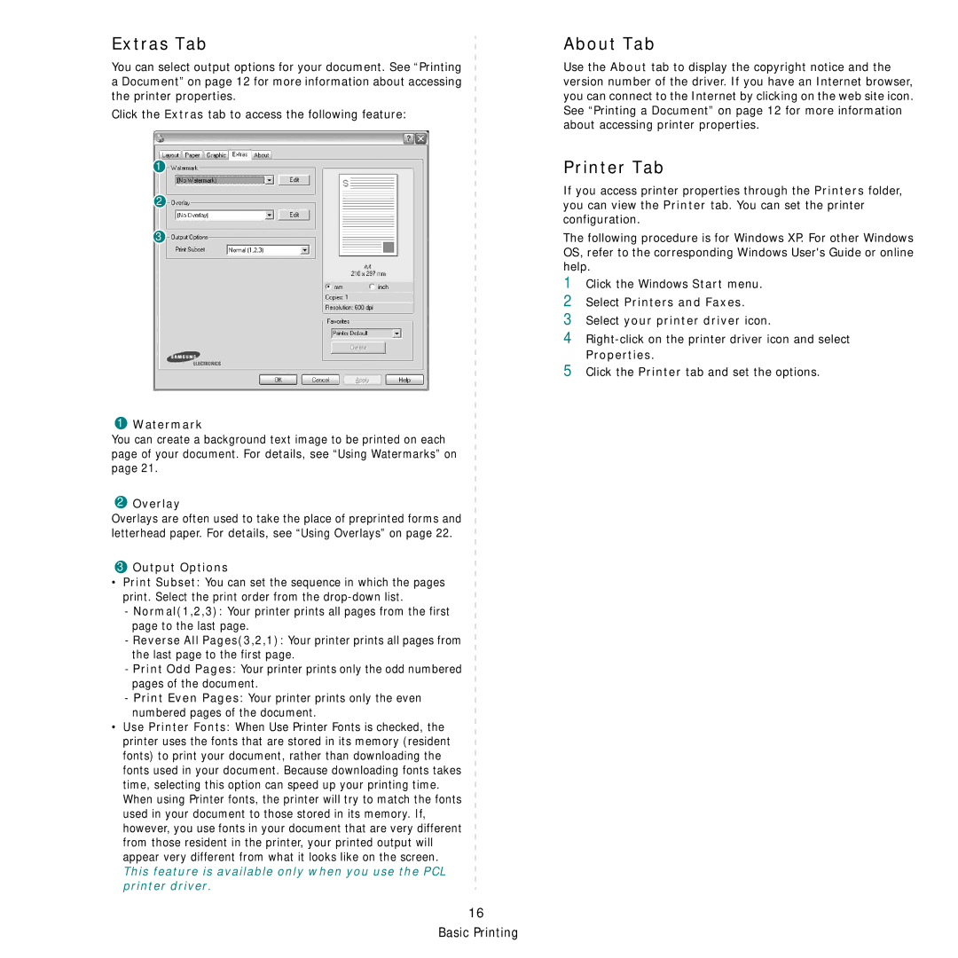 Samsung ML-3051ND manual Extras Tab, About Tab, Printer Tab 