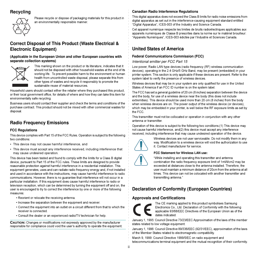 Samsung ML-3051ND manual FCC Regulations, Canadian Radio Interference Regulations, Federal Communications Commission FCC 