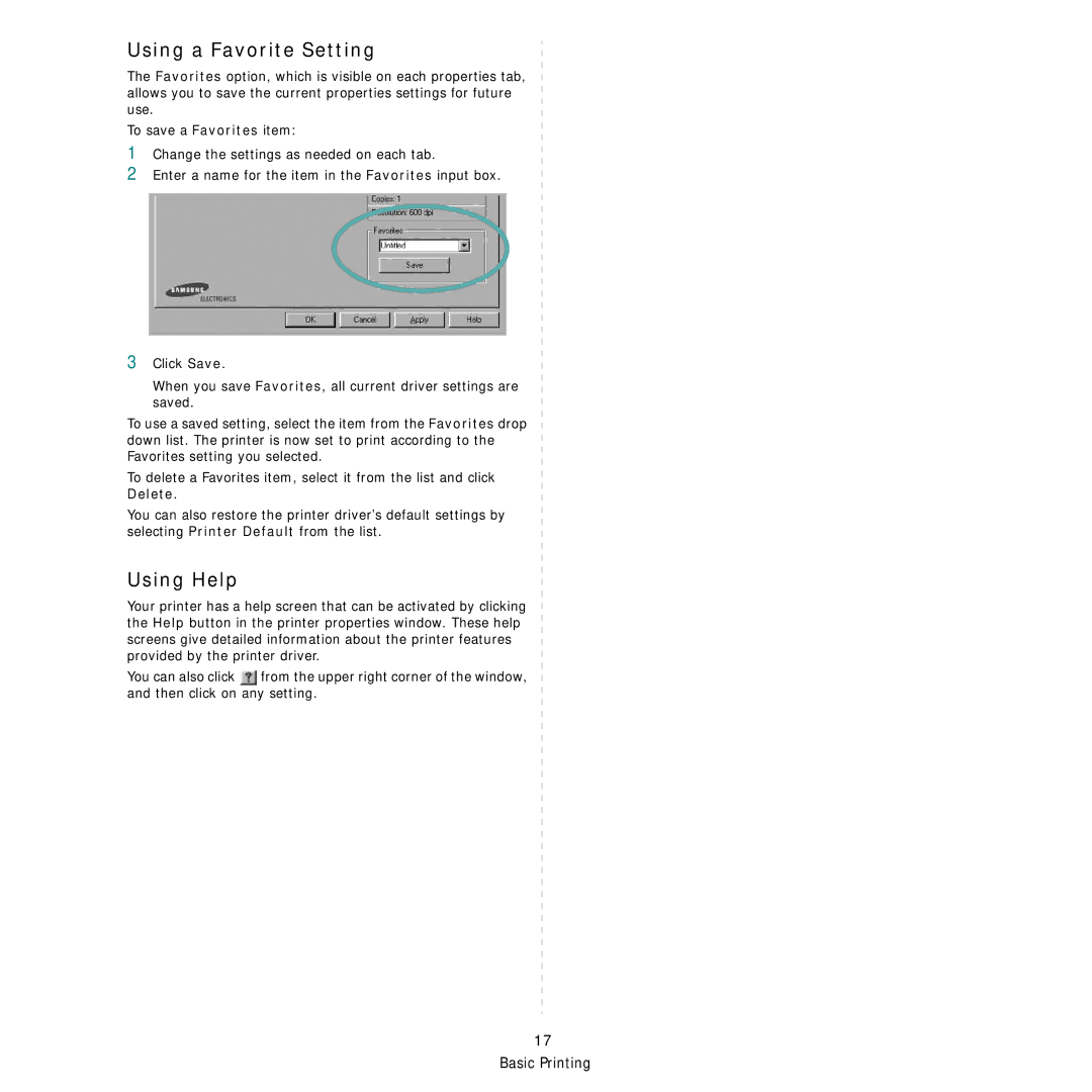 Samsung ML-3051ND manual Using a Favorite Setting, Using Help 