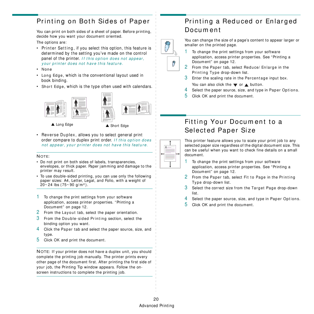 Samsung ML-3051ND manual Printing on Both Sides of Paper, Printing a Reduced or Enlarged Document, None 