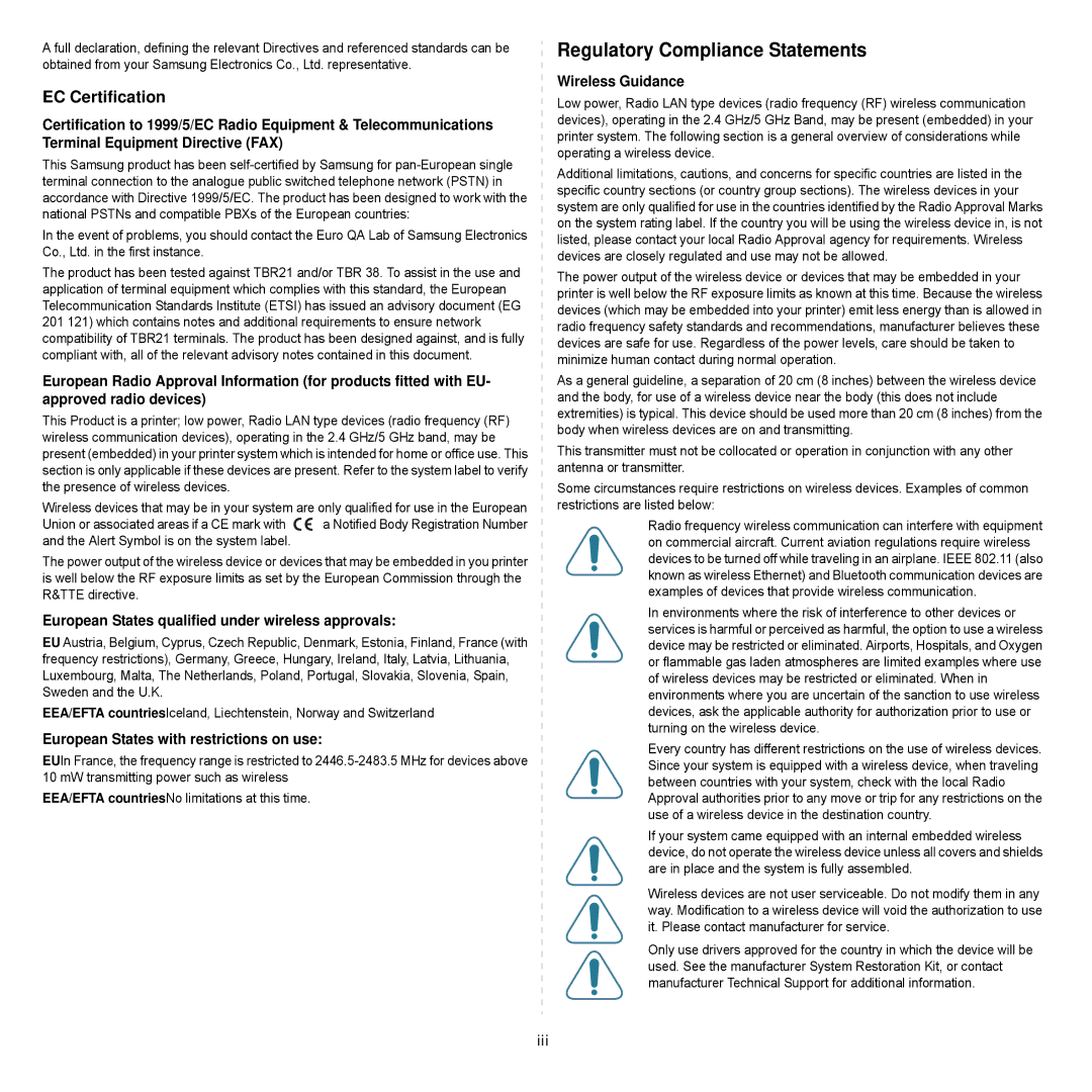 Samsung ML-3051ND manual European States qualified under wireless approvals, European States with restrictions on use 