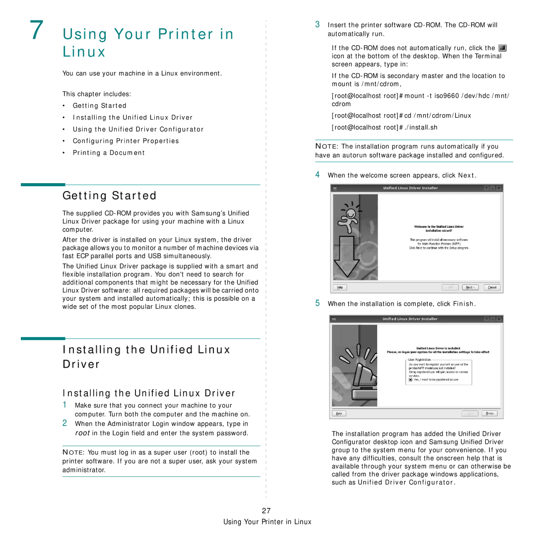 Samsung ML-3051ND manual Getting Started, Installing the Unified Linux Driver 