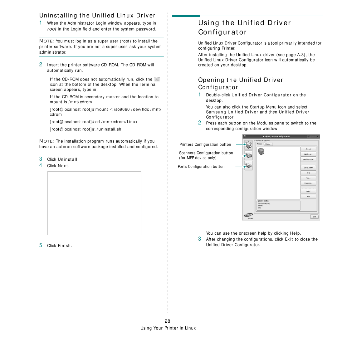 Samsung ML-3051ND manual Using the Unified Driver Configurator, Uninstalling the Unified Linux Driver, Click Uninstall 