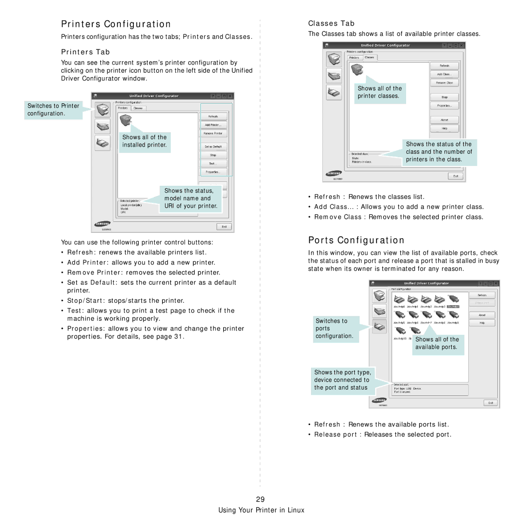 Samsung ML-3051ND manual Printers Configuration, Ports Configuration, Printers Tab, Classes Tab 