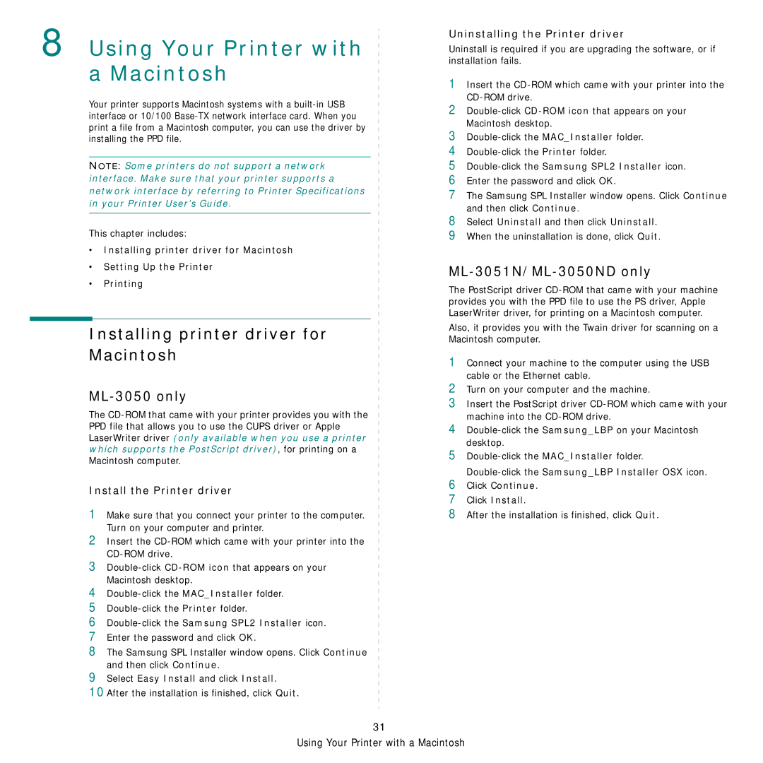 Samsung Installing printer driver for Macintosh, ML-3050 only, ML-3051N/ML-3050ND only, Install the Printer driver 