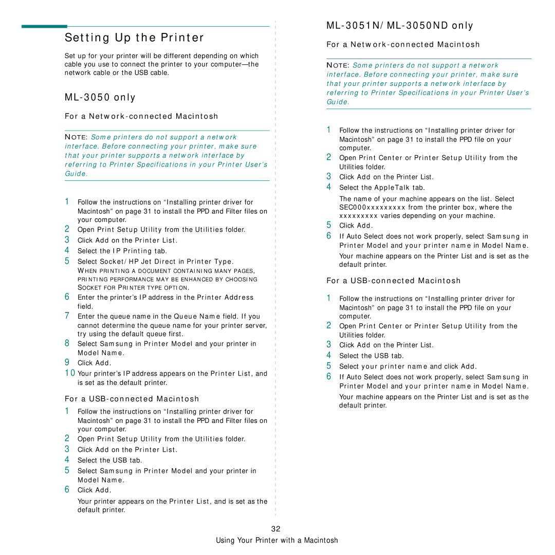 Samsung ML-3051ND manual Setting Up the Printer, For a Network-connected Macintosh, For a USB-connected Macintosh 