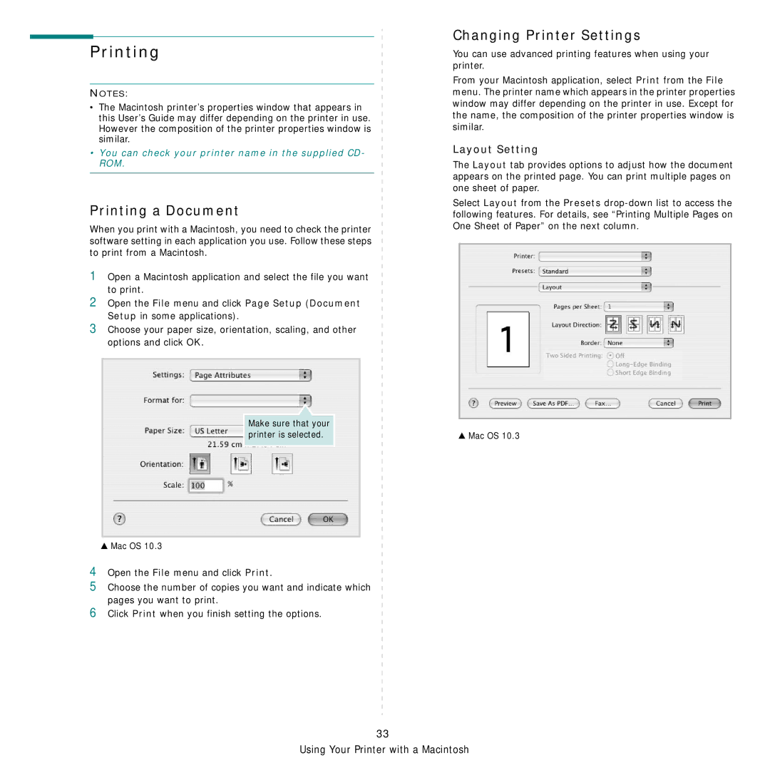 Samsung ML-3051ND manual Printing a Document, Changing Printer Settings, Layout Setting 