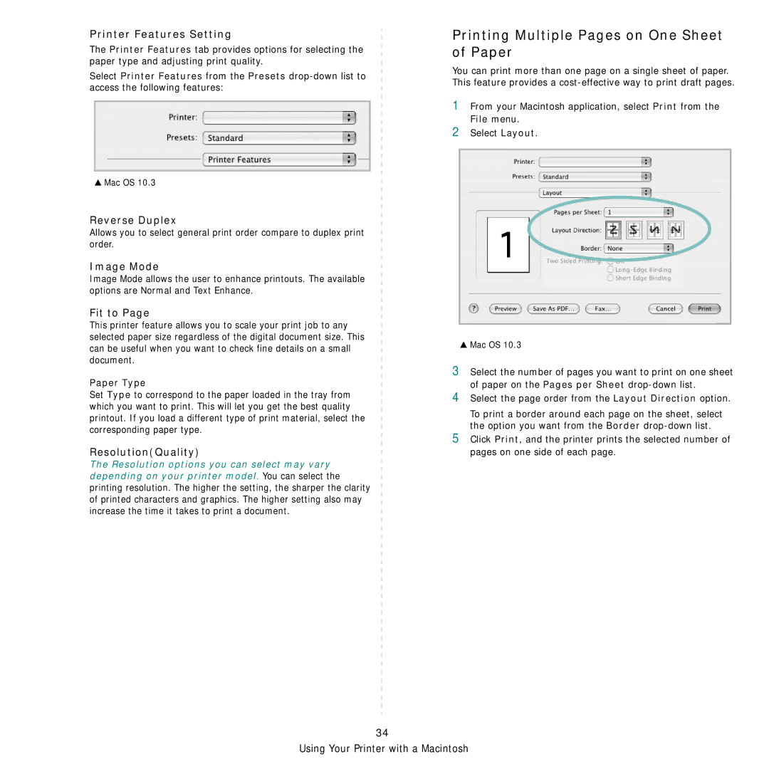 Samsung ML-3051ND manual Printing Multiple Pages on One Sheet of Paper, Printer Features Setting, Reverse Duplex, Fit to 