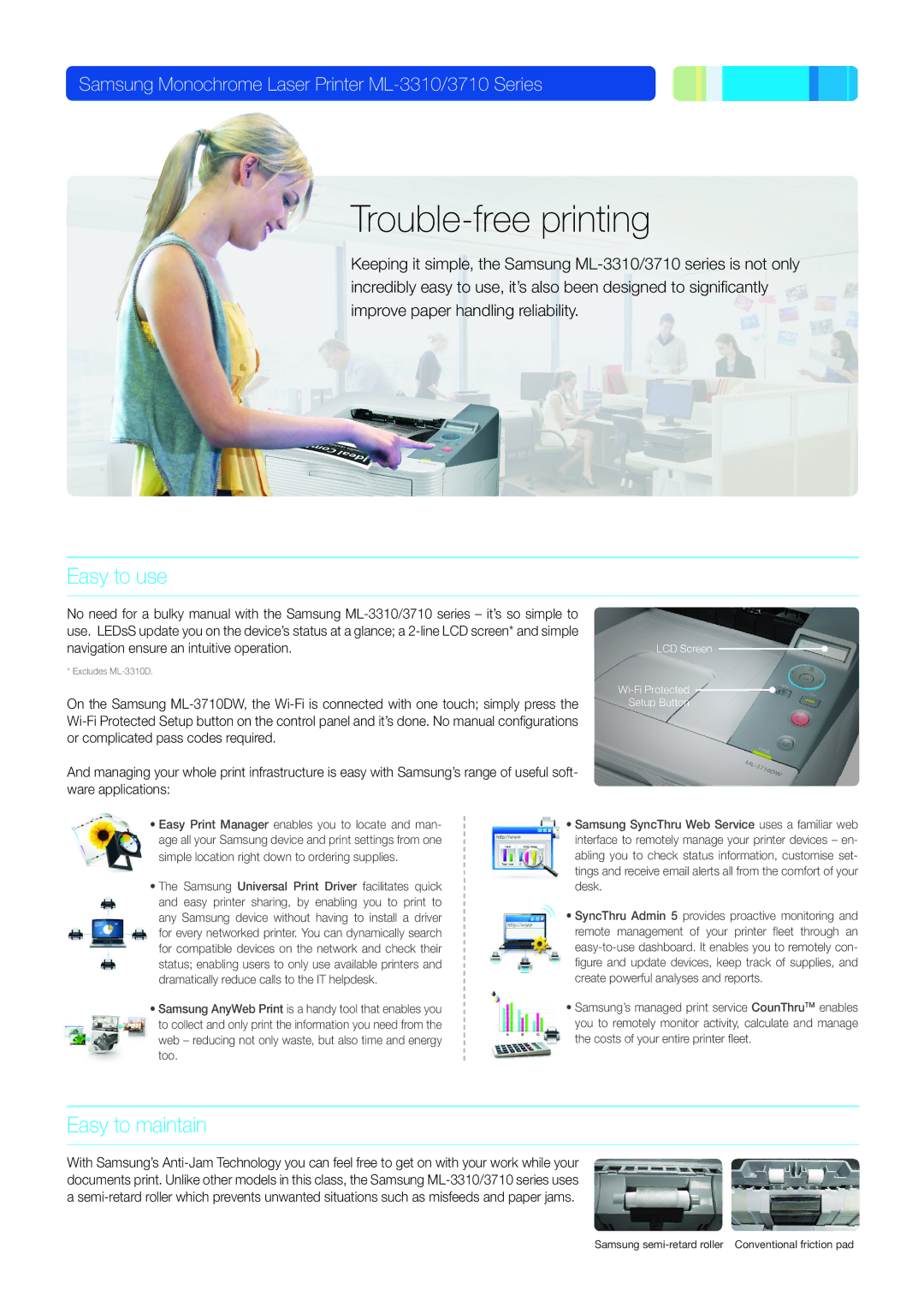 Samsung 3710, ML-3310 manual Trouble-free printing, Easy to use, Easy to maintain 