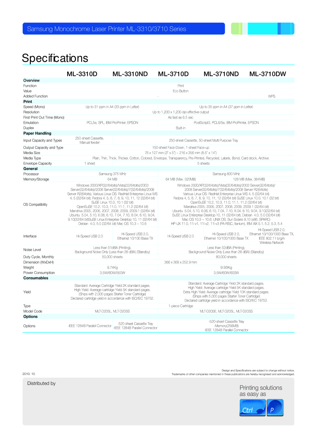 Samsung ML-3310, 3710 manual Specifications 