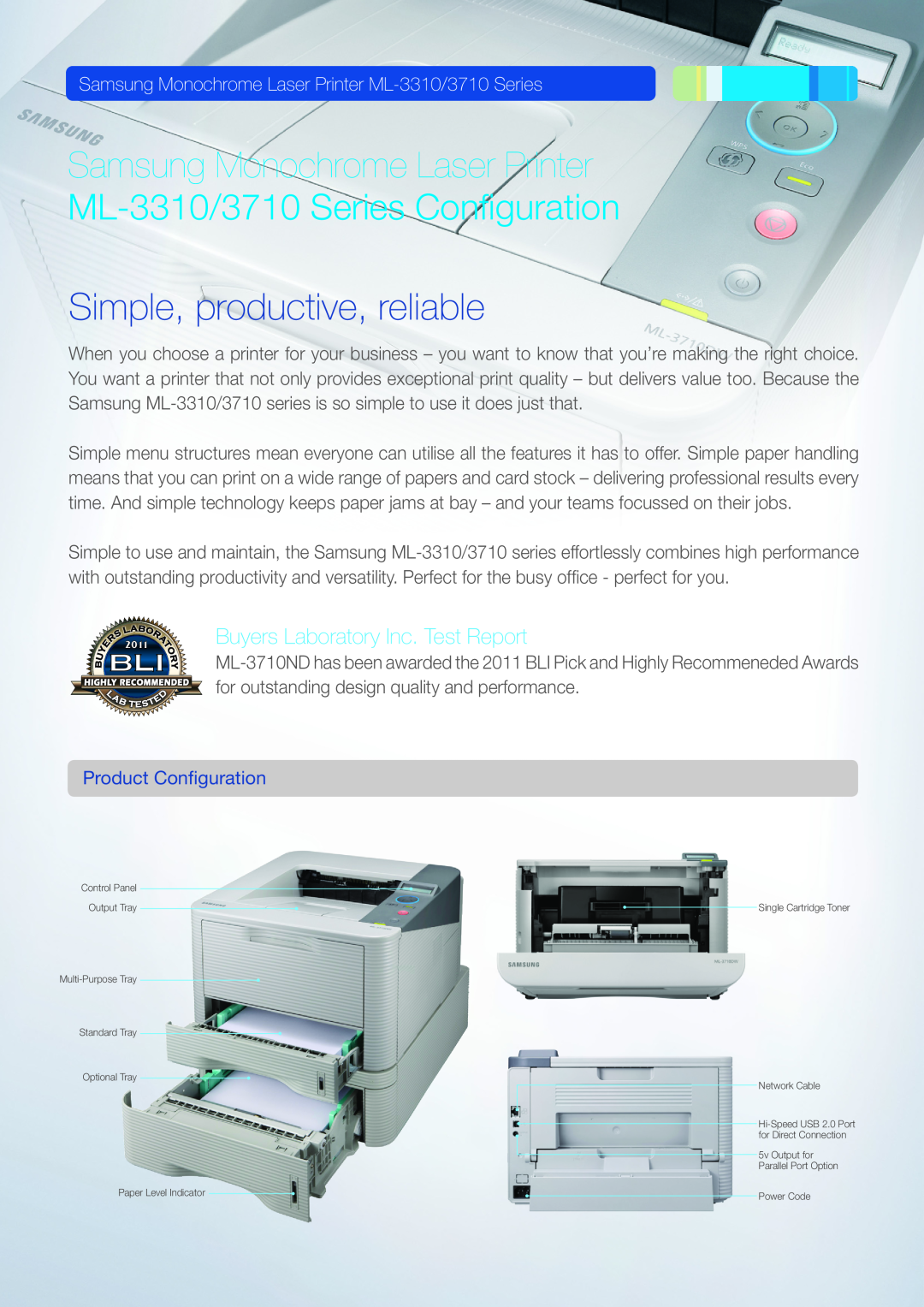 Samsung manual Samsung Monochrome Laser Printer ML-3310/3710 Series, Simple, productive, reliable, Product Configuration 
