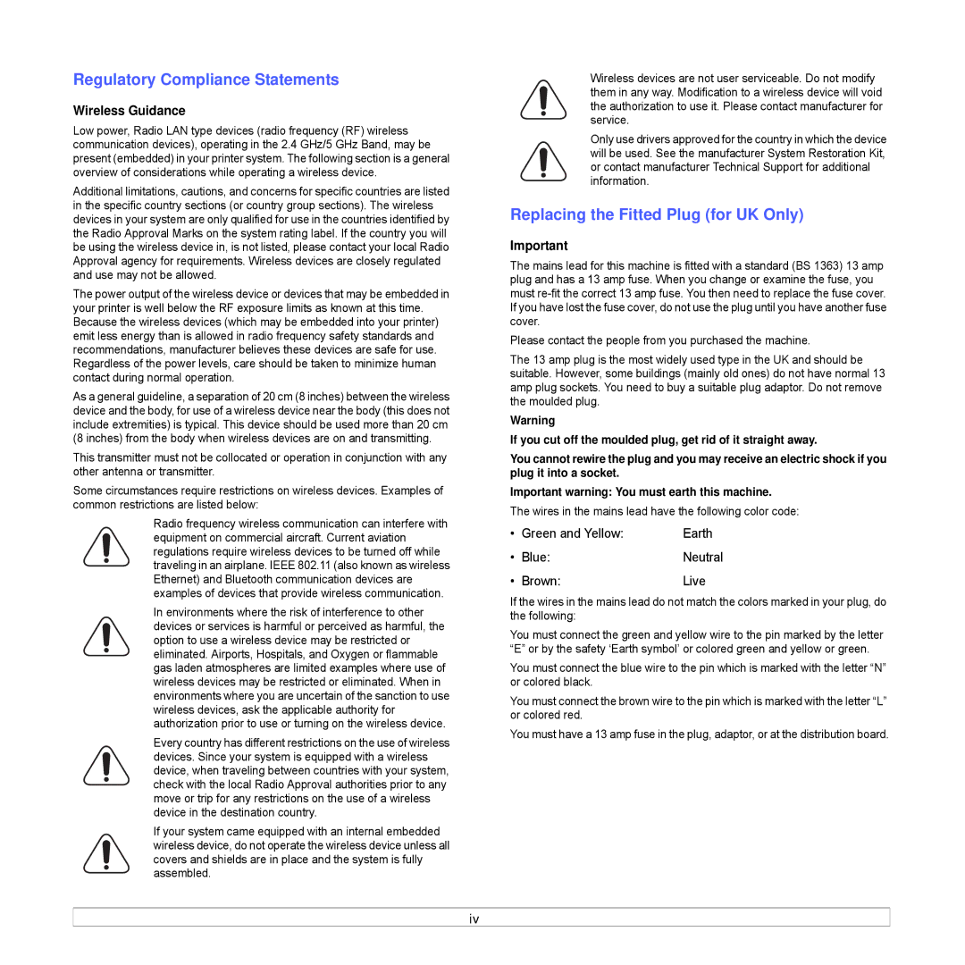 Samsung ML-3470 Series manual Regulatory Compliance Statements, Replacing the Fitted Plug for UK Only, Wireless Guidance 