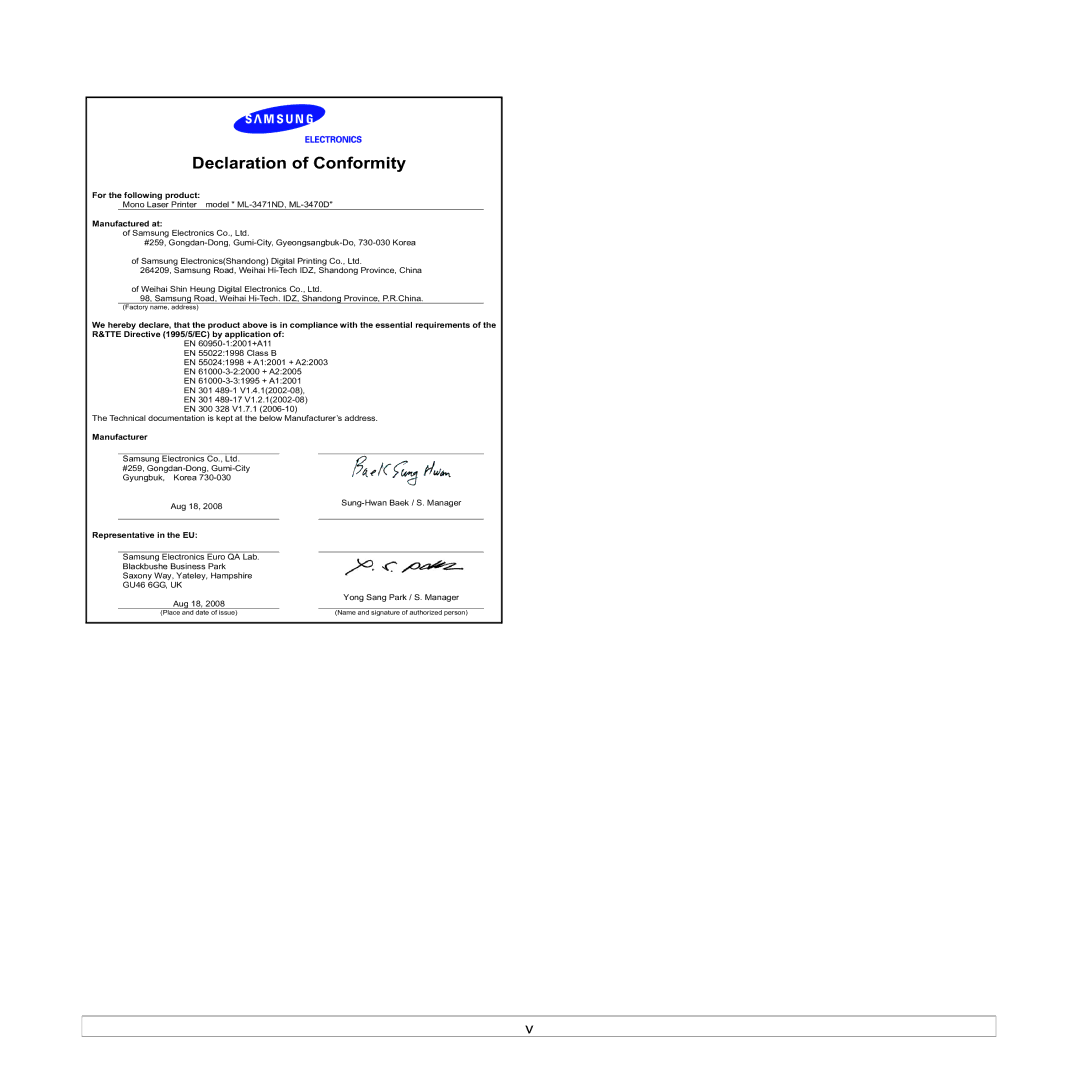 Samsung ML-3470 Series manual Declaration of Conformity 