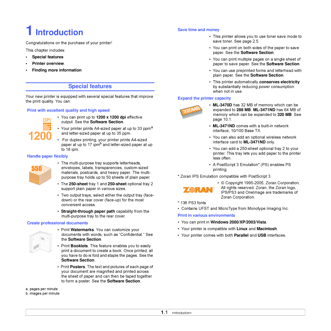 Samsung ML-3470 Series manual Introduction, Special features Printer overview Finding more information 