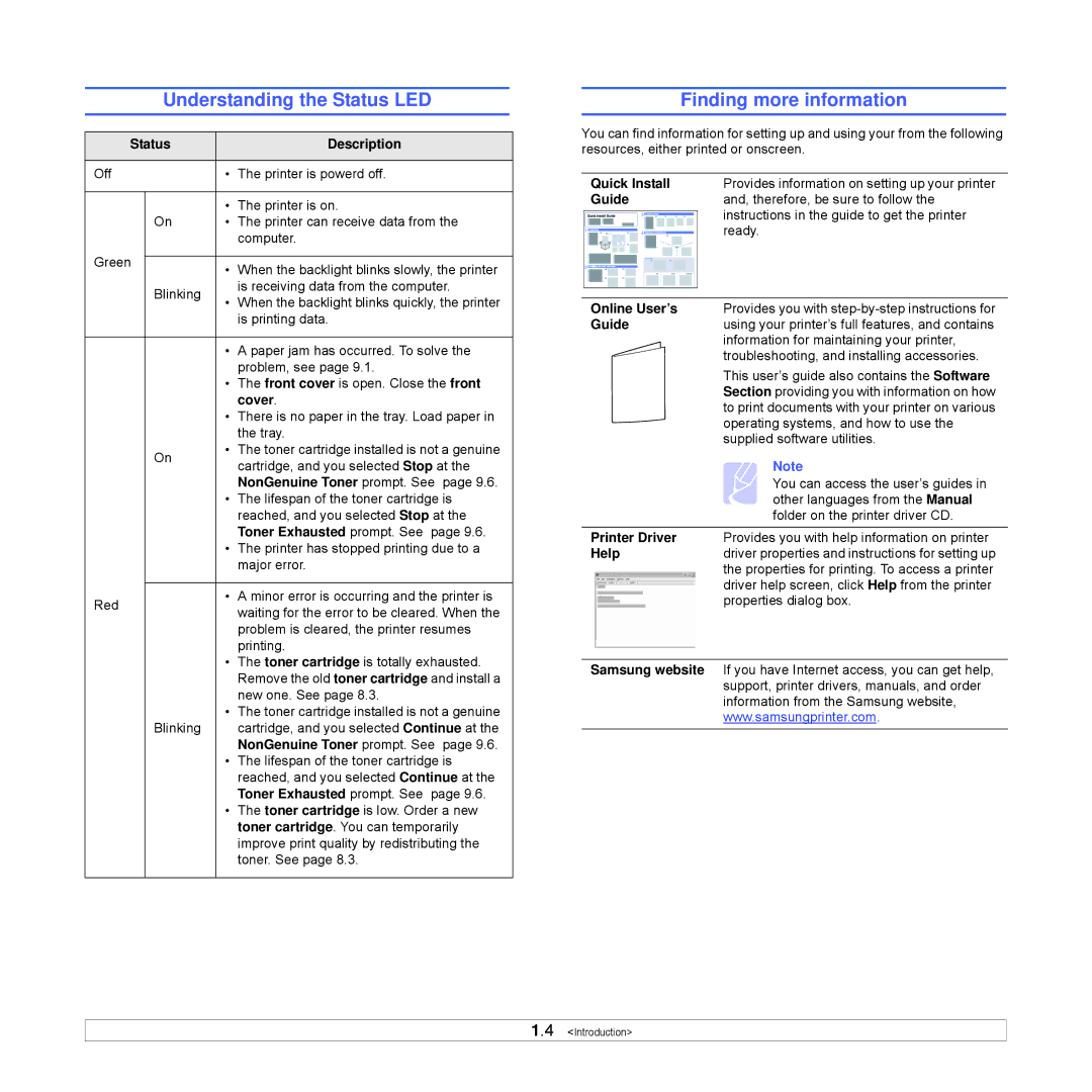 Samsung ML-3470 Series manual Understanding the Status LED, Finding more information 