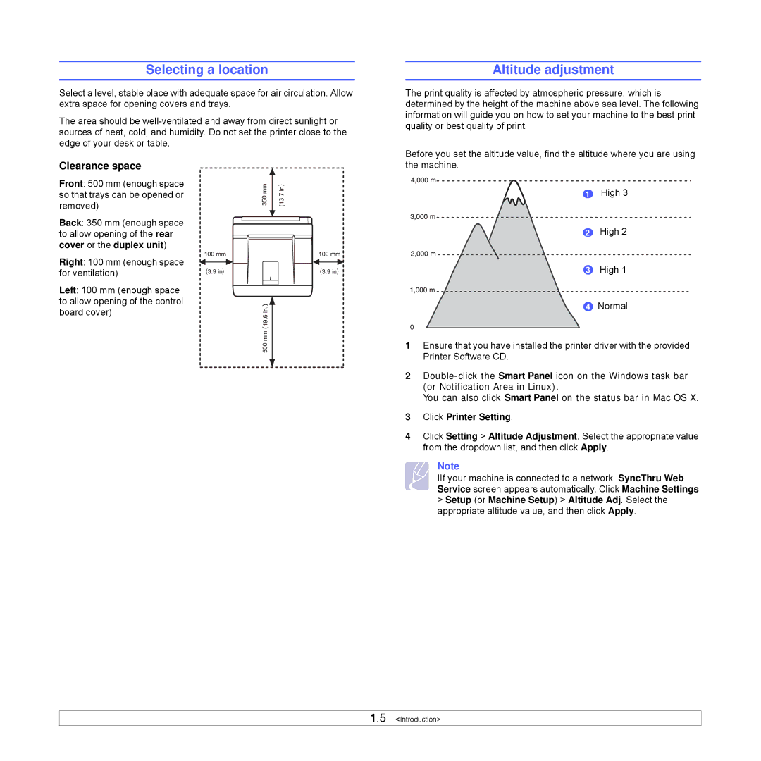 Samsung ML-3470 Series manual Selecting a location, Altitude adjustment, Clearance space, Click Printer Setting 