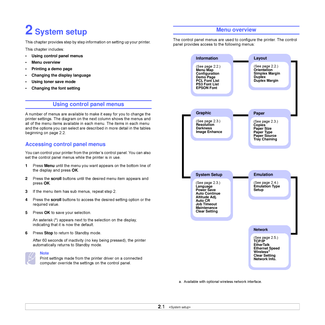 Samsung ML-3470 Series manual System setup, Using control panel menus, Menu overview, Accessing control panel menus 