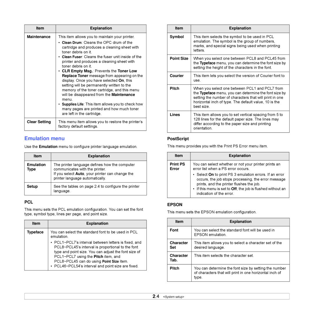 Samsung ML-3470 Series manual Emulation menu, PostScript 