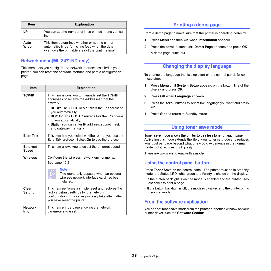 Samsung ML-3470 Series manual Printing a demo, Changing the display language, Using toner save mode 