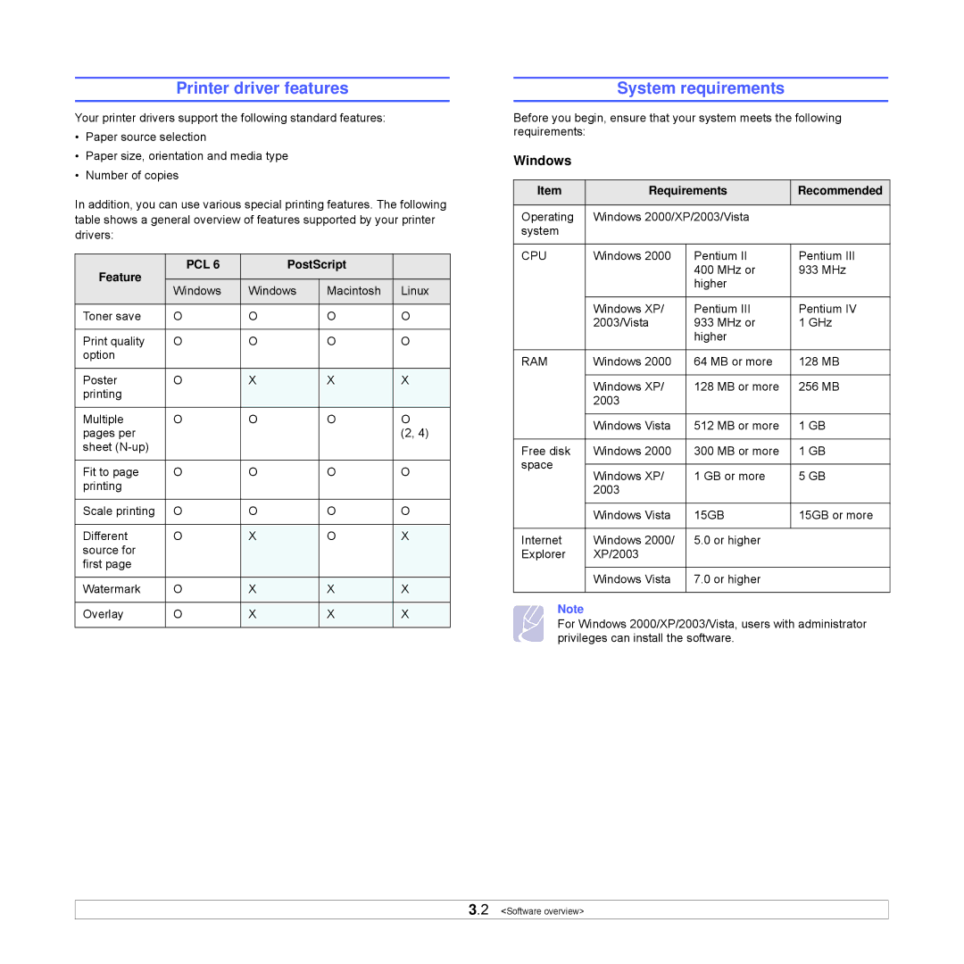 Samsung ML-3470 Series manual Printer driver features, System requirements, Windows 